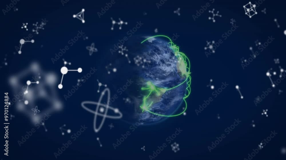 Animation of molecules and data processing over globe with connections Animation of molecules and data processing over globe with connections