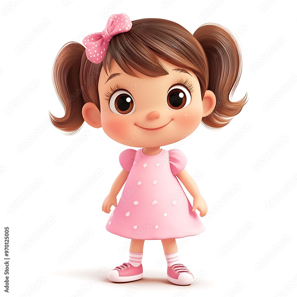 Cute Cartoon Girl in Pink Dress with Pigtails and Bow Cute Cartoon Girl in Pink Dress with Pigtails and Bow