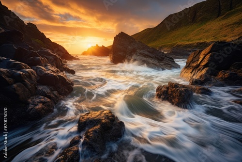 Majestic sunset over rugged coastal cliffs and crashing waves, Serene evening on the rocky shoreline as the sun sets.