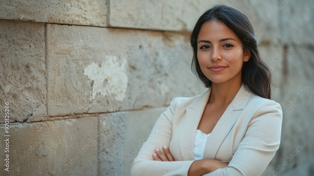 A woman with long dark hair stands smiling with her arms crossed against a stone wall. A woman with long dark hair stands smiling with her arms crossed against a stone wall.
