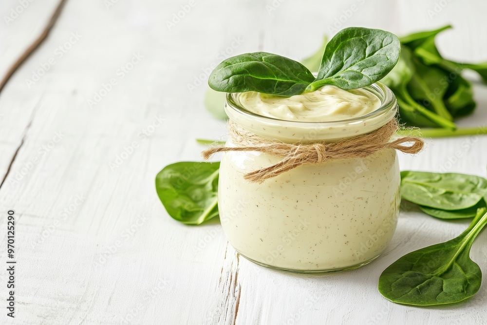 Mayonnaise and spinach on white wooden table Mayonnaise and spinach on white wooden table