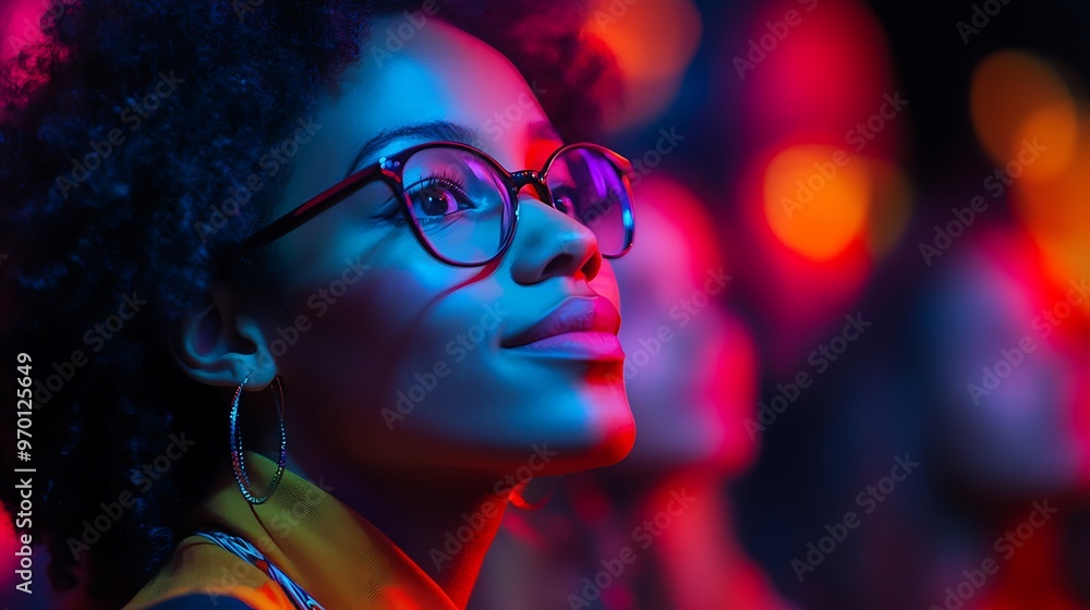 Close up of a woman looking up in awe in a crowd at a concert with colorful lights Close up of a woman looking up in awe in a crowd at a concert with colorful lights