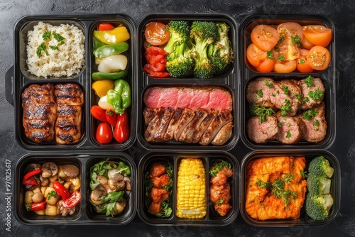 Menu for catering with healthy options delivered lunch boxes containing meat fish and vegetables Daily meal plan delivered in containers ordered online