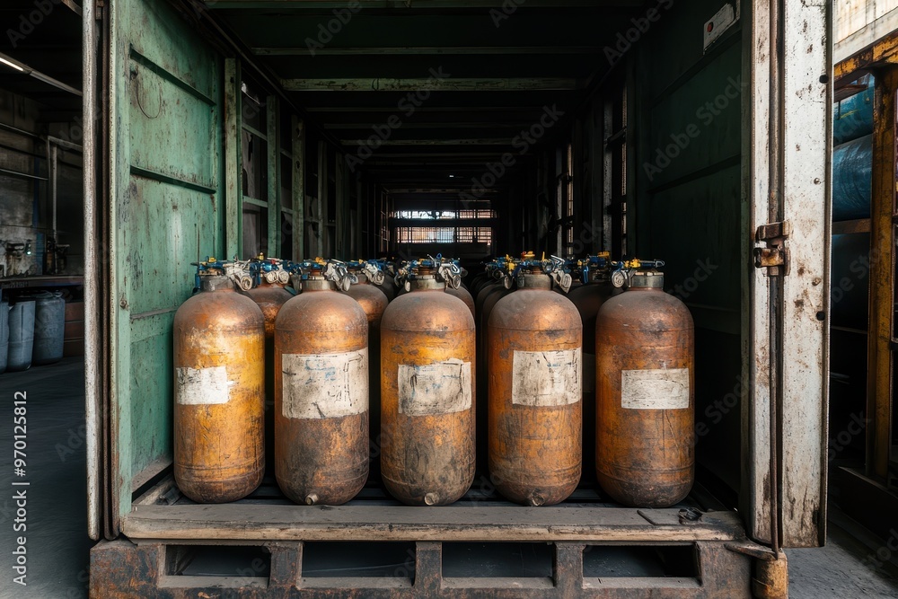 Metal gas cylinders stored in covered warehouse Metal gas cylinders stored in covered warehouse