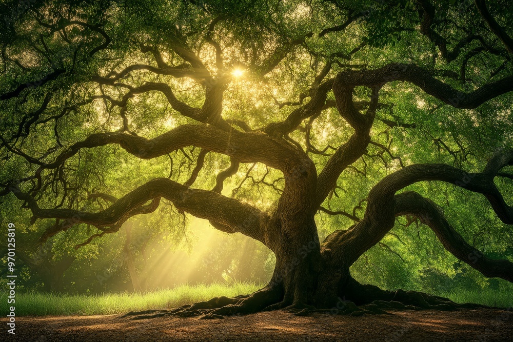 Fototapeta premium A forest tree with sprawling branches and a sunlit glow, creating a serene and peaceful environment. Emphasizes the tree's grandeur, age, and natural beauty in the wilderness.