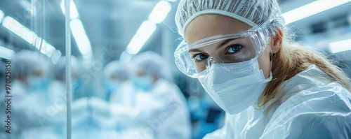 Worker conducting final product checks in a sterile lab environment, cleanroom inspection, medical product quality control