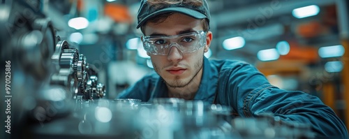 Worker conducting a visual inspection of automotive parts in a factory, automotive quality control, manufacturing inspection
