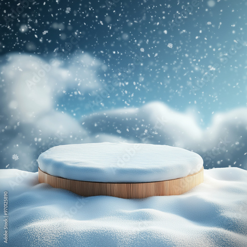 Product display podium with snow background, 3d