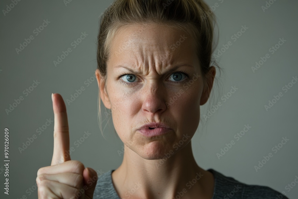 A woman with a determined look points her finger forward with a furrowed brow, demonstrating a serious and intense emotion, captured in a studio setting. A woman with a determined look points her finger forward with a furrowed brow, demonstrating a serious and intense emotion, captured in a studio setting.
