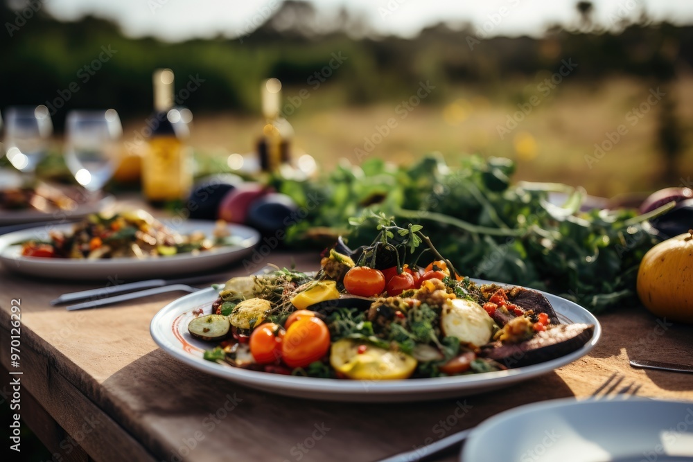 A plate of food with colorful vegetables and a glass of wine on the side. A plate of food with colorful vegetables and a glass of wine on the side.