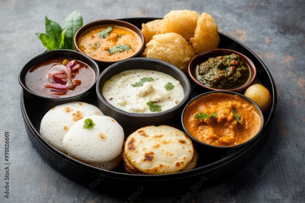 Mix of South Indian dishes like idli vada uttapam upma with sambar and chutney Mix of South Indian dishes like idli vada uttapam upma with sambar and chutney