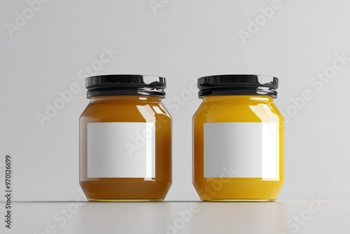 Mockup of hexagonal honey jars with blank labels in two colors photo