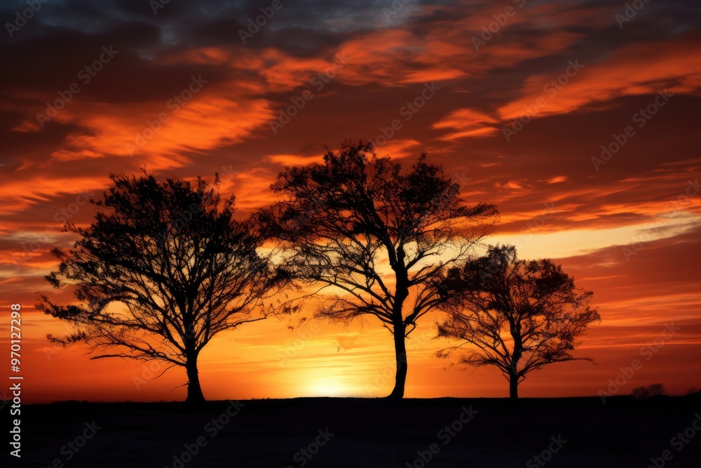 A couple embracing under a tree at sunset, creating a romantic silhouette against the colorful sky. A couple embracing under a tree at sunset, creating a romantic silhouette against the colorful sky.