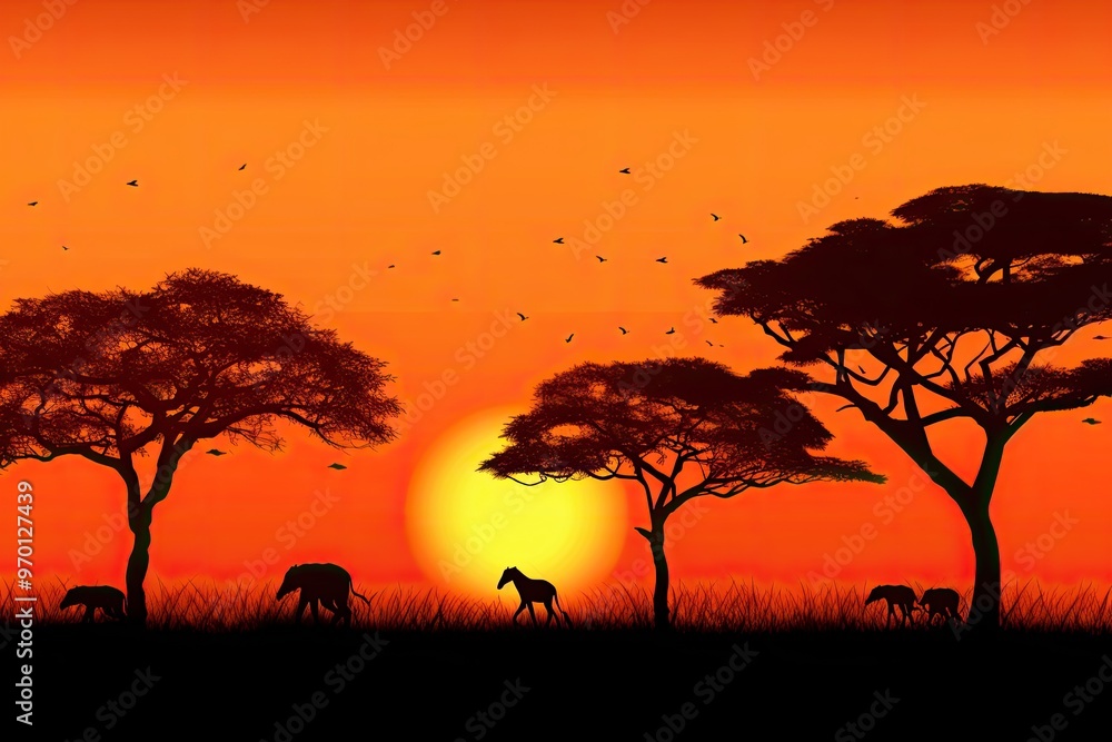Silhouette of elephants and birds against a sunset sky. Silhouette of elephants and birds against a sunset sky.