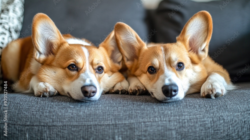 Two Adorable Corgis Resting on a Couch Two Adorable Corgis Resting on a Couch