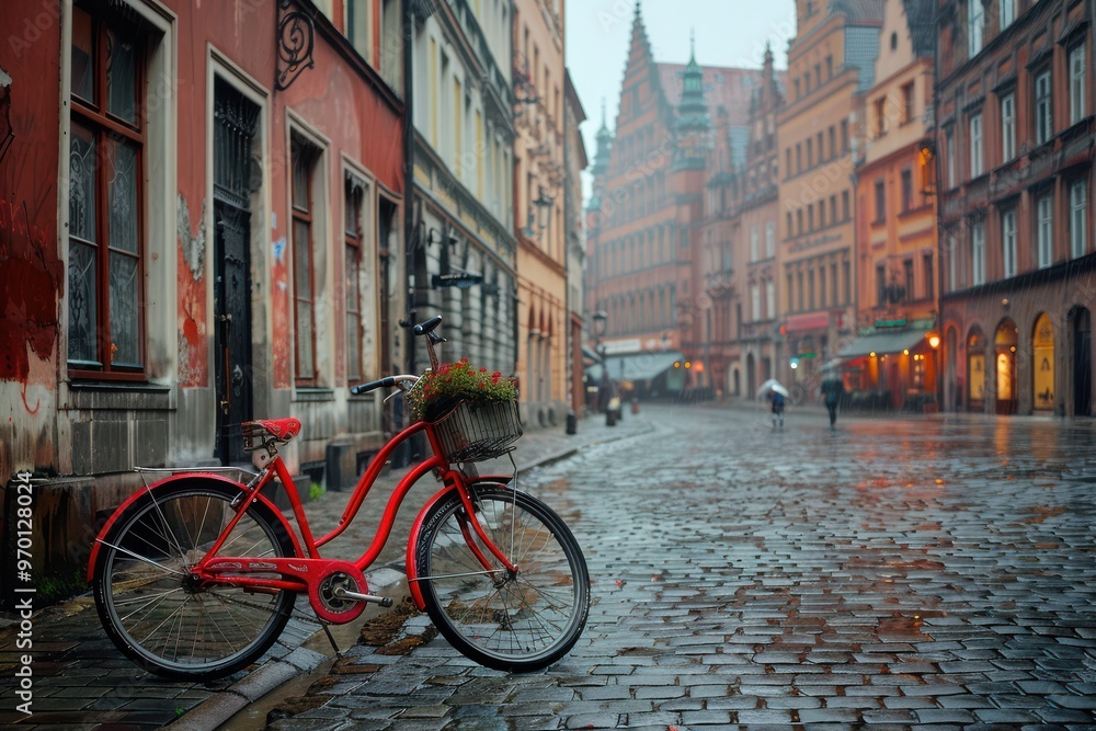 Fototapeta premium Red vintage bicycle parked on a rainy cobblestone street in a historic old town.