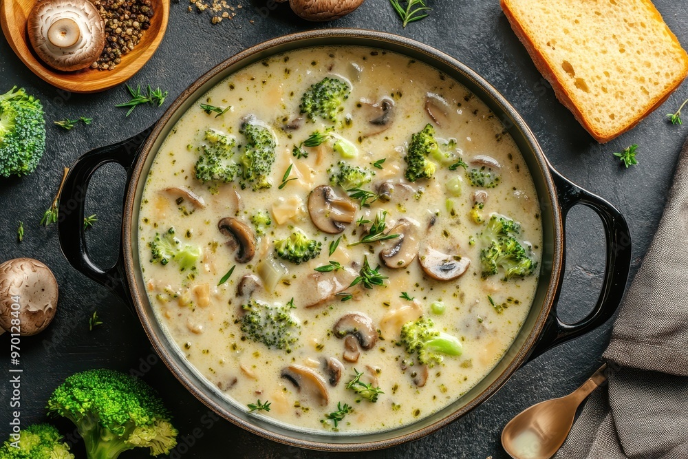 Mushroom and cheese soup in pot top view close up with ingredients in background Mushroom and cheese soup in pot top view close up with ingredients in background