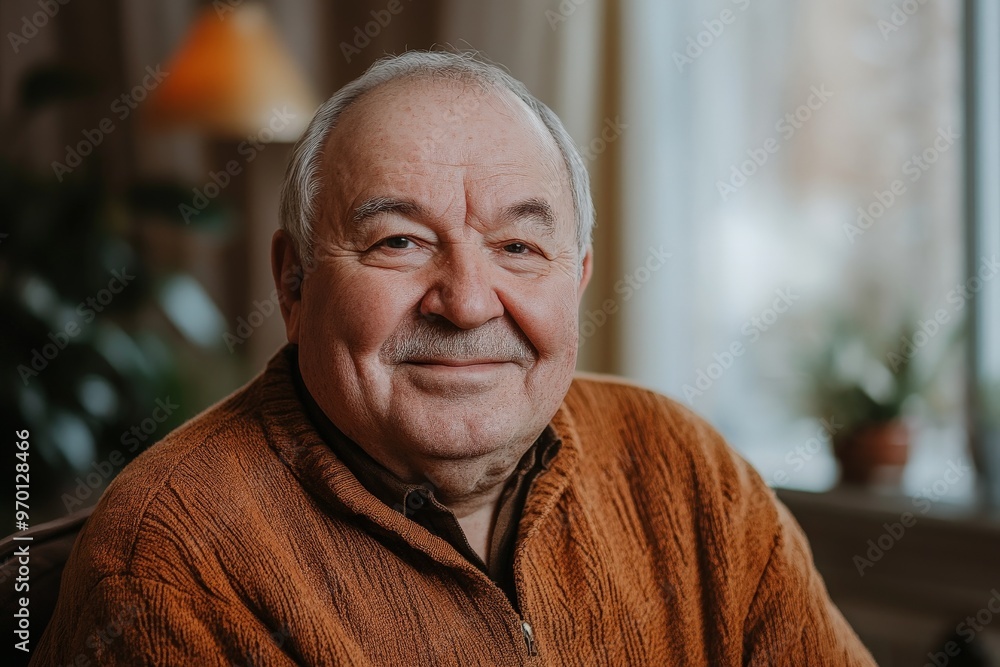 An elderly man, dressed in an orange sweater, smiles happily in an indoor setting. The warmly lit background and his gentle demeanor create a welcoming and friendly atmosphere. An elderly man, dressed in an orange sweater, smiles happily in an indoor setting. The warmly lit background and his gentle demeanor create a welcoming and friendly atmosphere.