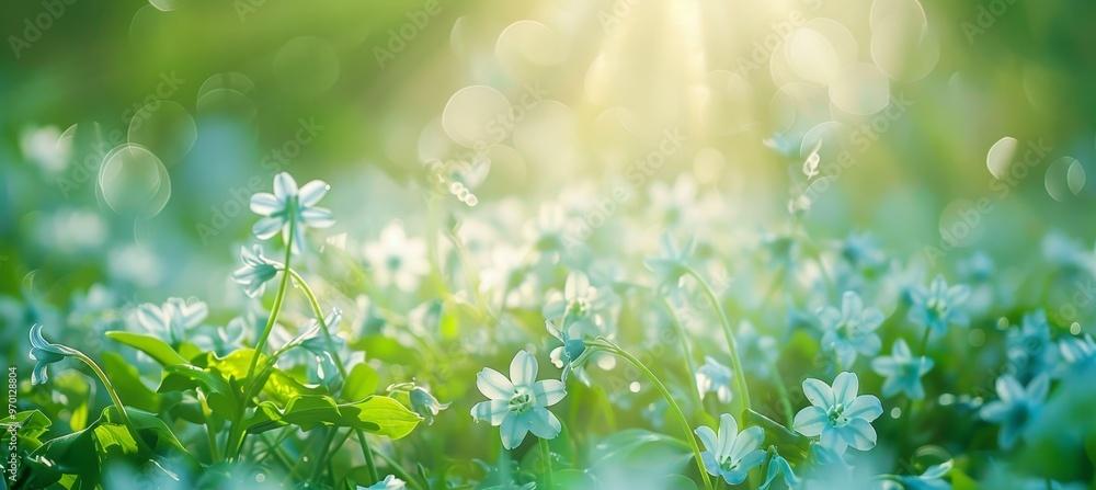 Spring Background, Delicate Blue Flowers Blooming in Meadow Under Sunlight, Springtime Nature Scene Spring Background, Delicate Blue Flowers Blooming in Meadow Under Sunlight, Springtime Nature Scene