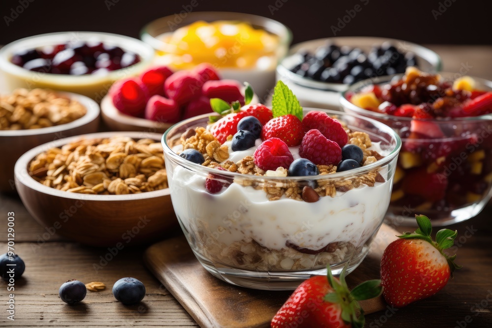 Yogurt parfait topped with fresh berries and granola alongside bowls of assorted fruits, A delicious spread of yogurt, granola, and fresh fruit in glass bowls. Yogurt parfait topped with fresh berries and granola alongside bowls of assorted fruits, A delicious spread of yogurt, granola, and fresh fruit in glass bowls.