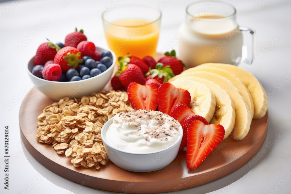 Yogurt parfait topped with fresh berries and granola alongside bowls of assorted fruits, A delicious spread of yogurt, granola, and fresh fruit in glass bowls. Yogurt parfait topped with fresh berries and granola alongside bowls of assorted fruits, A delicious spread of yogurt, granola, and fresh fruit in glass bowls.