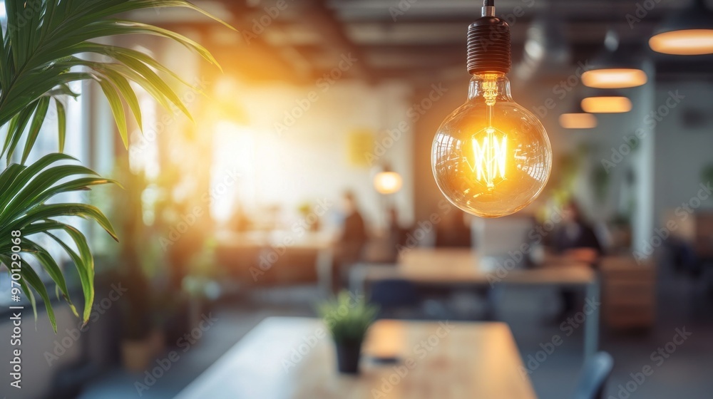 Close-up of a Glowing Light Bulb in a Modern Office Setting Close-up of a Glowing Light Bulb in a Modern Office Setting