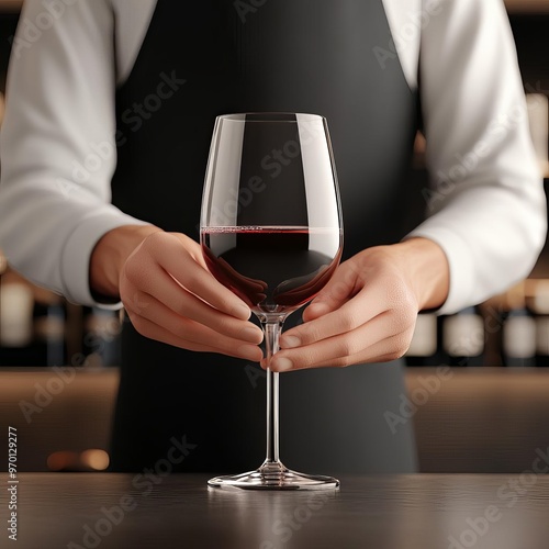 Sommelier s hands holding wine glass, inspecting tannin profile, cozy setting, 3D illustration