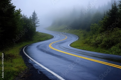 Rainy day fog on wet mountain road curve photo