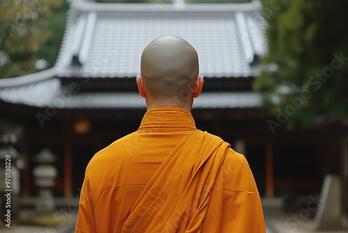 Rear view of a Japanese monk photo