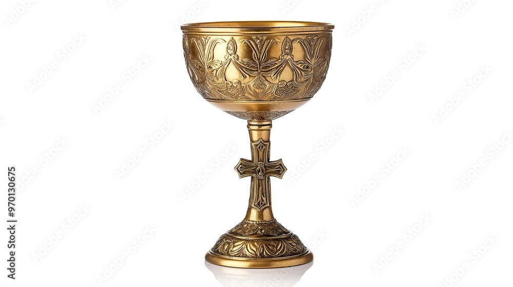one single golden chalice with Christian cross isolated on white background one single golden chalice with Christian cross isolated on white background
