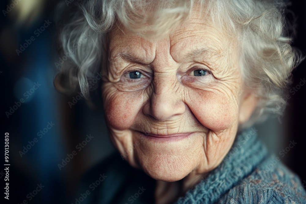 A close-up portrait of an elderly woman with curly white hair, smiling gently, captured in soft natural lighting, highlighting her kind and expressive face and blue eyes. A close-up portrait of an elderly woman with curly white hair, smiling gently, captured in soft natural lighting, highlighting her kind and expressive face and blue eyes.