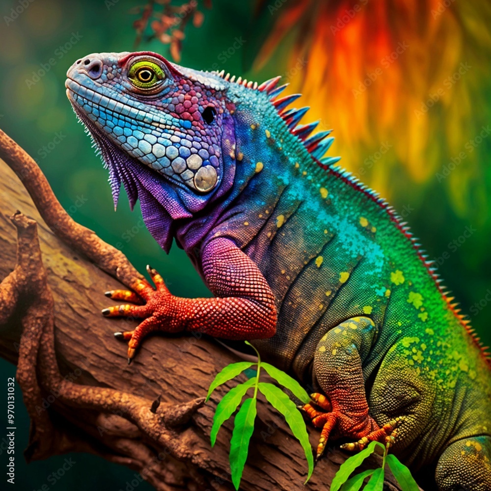 Fototapeta premium Colorful iguana on a tree in a colored background..