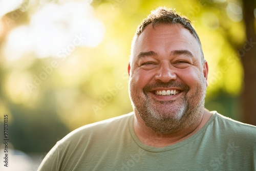A cheerful middle-aged man smiles broadly in an outdoor setting with a nicely blurred background, capturing the essence of a joyful and welcoming personality.