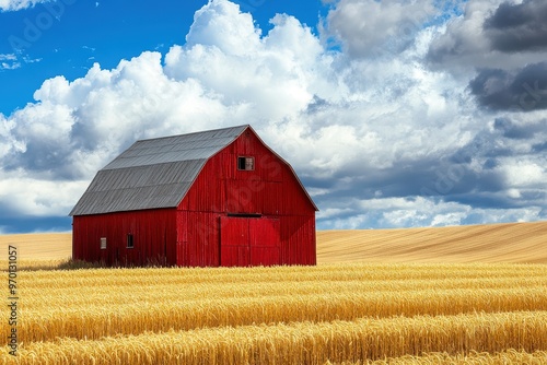 Red barn in Palouse wheat fields