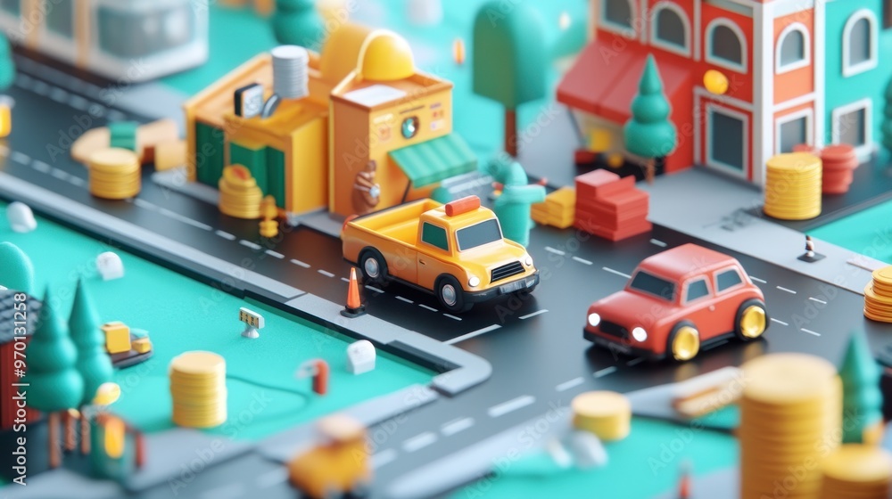 Obraz premium Miniature Cityscape with Cars, Buildings, and Coins