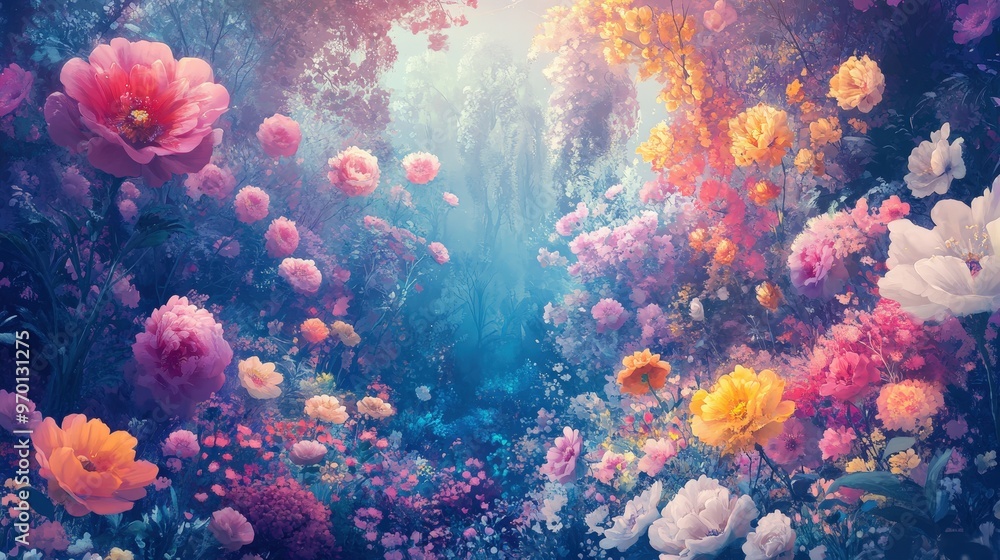 Naklejka premium Enchanted Floral Paradise - A Surreal Garden of Vibrant Blooms