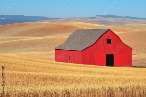 Red barn in wheat fields of Palouse WA USA