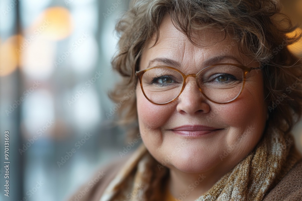Portrait of a woman with glasses and curly hair smiling indoors, in a cozy setting with ambient lighting, exuding confidence and warmth, while looking directly at the camera. Portrait of a woman with glasses and curly hair smiling indoors, in a cozy setting with ambient lighting, exuding confidence and warmth, while looking directly at the camera.