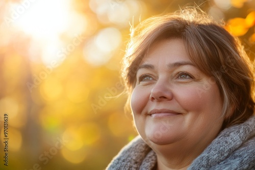 A content middle-aged woman enjoys the sunshine in a natural outdoor setting, surrounded by golden light and autumn leaves, embodying peace and happiness.