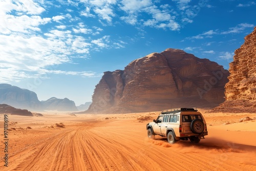 Red desert with rock massif blue sky and off road vehicle in foreground Classic Wadi Rum scene