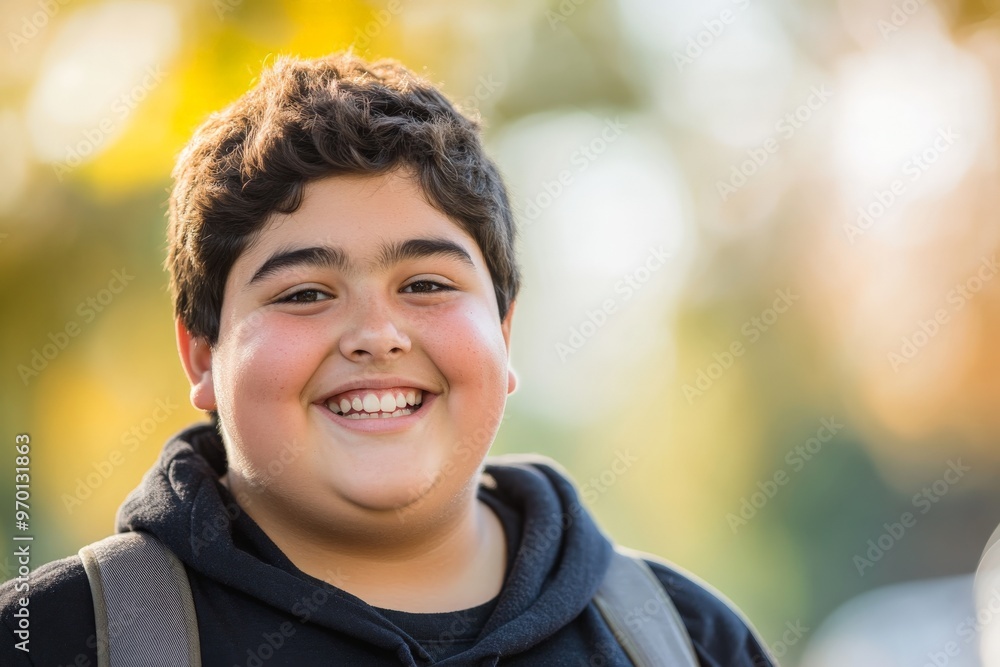 A cheerful young boy with curly hair and a backpack is smiling widely at the camera, perfectly capturing the essence of joy and innocence with a nature backdrop. A cheerful young boy with curly hair and a backpack is smiling widely at the camera, perfectly capturing the essence of joy and innocence with a nature backdrop.