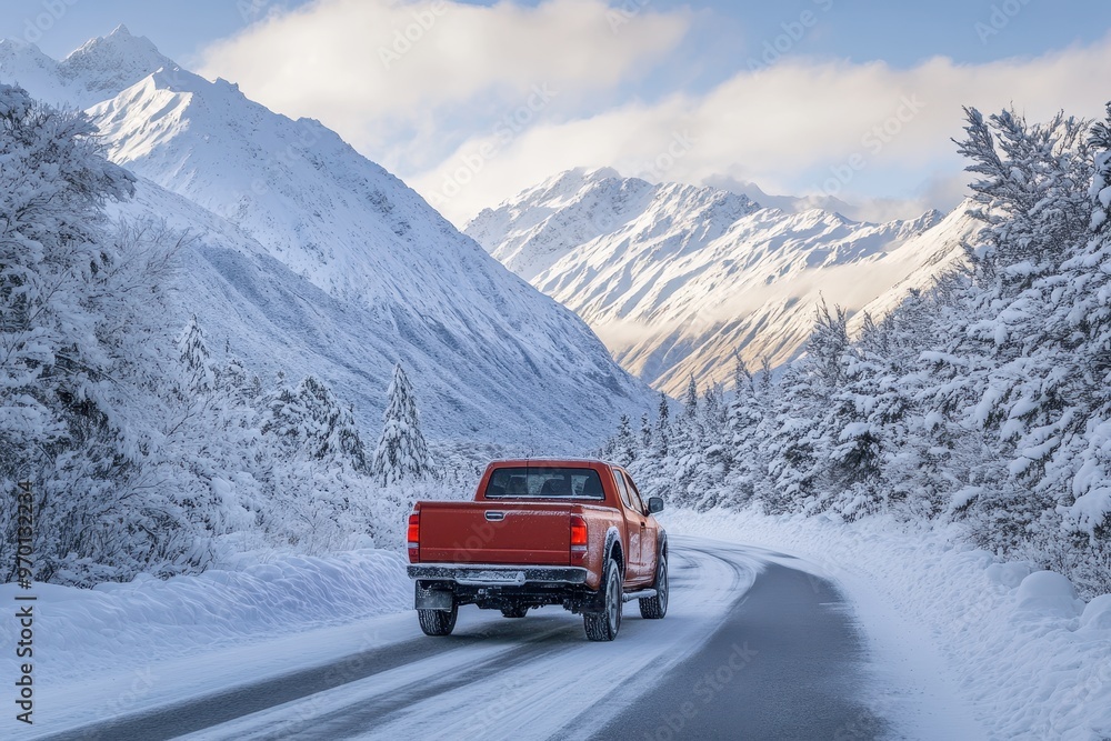 Red pickup truck on snowy New Zealand road Beautiful snow capped mountains Red pickup truck on snowy New Zealand road Beautiful snow capped mountains