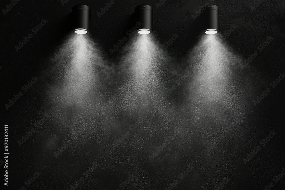 Three Black Spotlights Shining on a Dark Concrete Wall Three Black Spotlights Shining on a Dark Concrete Wall