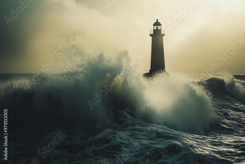 A lighthouse silhouette stands out against dramatic, stormy waves, evoking a sense of mystery and power as nature displays its raw, untamed beauty in a striking composition. photo