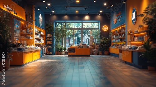 Modern Shop Interior with Bright Colors and Shelves Filled with Products