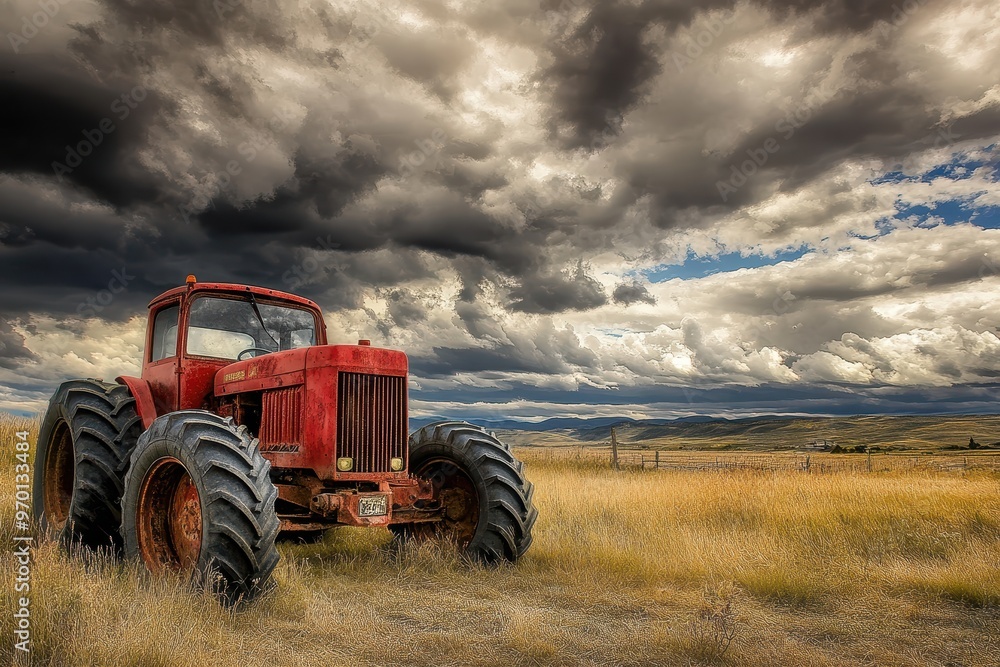 Fototapeta premium Red tractor under dramatic skies in a field