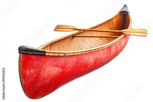 Red wooden canoe and paddles on white background