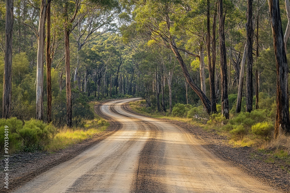 Fototapeta premium Remote Australian bush road eucalyptus forest escape to rural destination