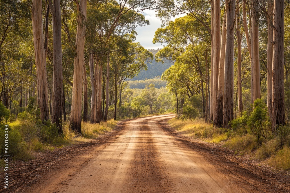 Obraz premium Remote Australian bush road journey to rural destination eucalyptus forest escape
