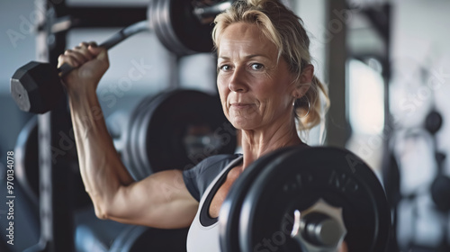 Fit mature woman lifting weights in a gym